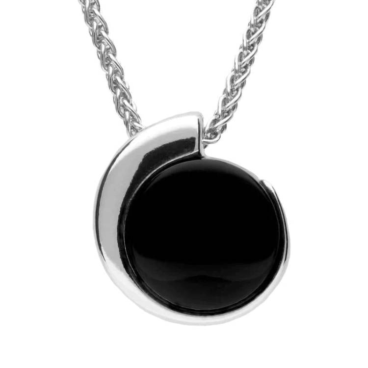 Sterling Silver Whitby Jet Round Part Swirl Necklace - Silver