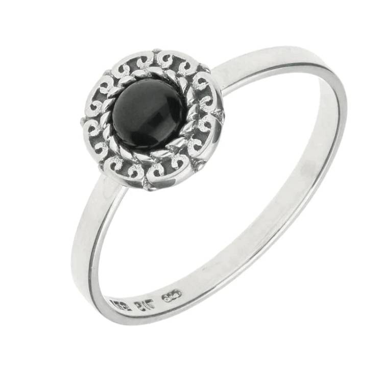 Sterling Silver Whitby Jet Round Rope Curved Edge Ring - Silver
