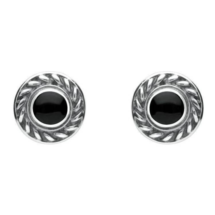 Sterling Silver Whitby Jet Round Rope Edge Stud Earrings - Silver