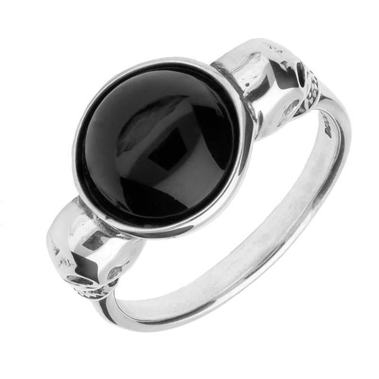 Sterling Silver Whitby Jet Round Skull Shank Ring - Silver
