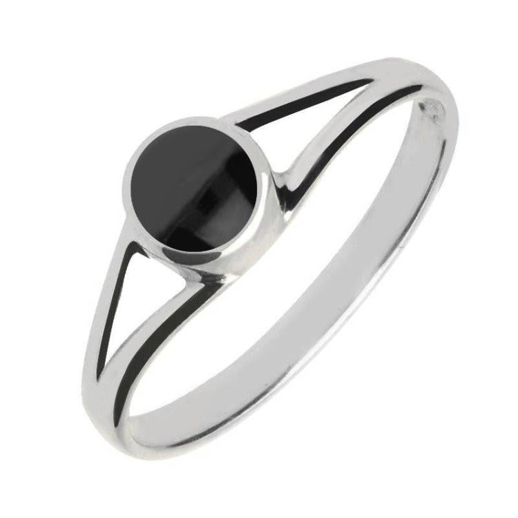 Sterling Silver Whitby Jet Round Split Shoulder Ring - Silver