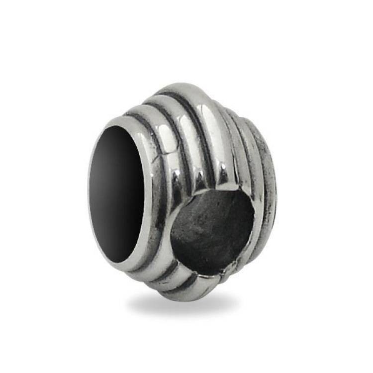 Sterling Silver Whitby Jet Round Stone Ribbed Charm - Silver