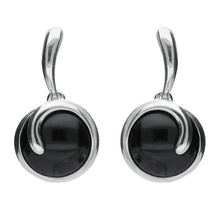 Sterling Silver Whitby Jet Round Swirl Drop Earrings - Silver