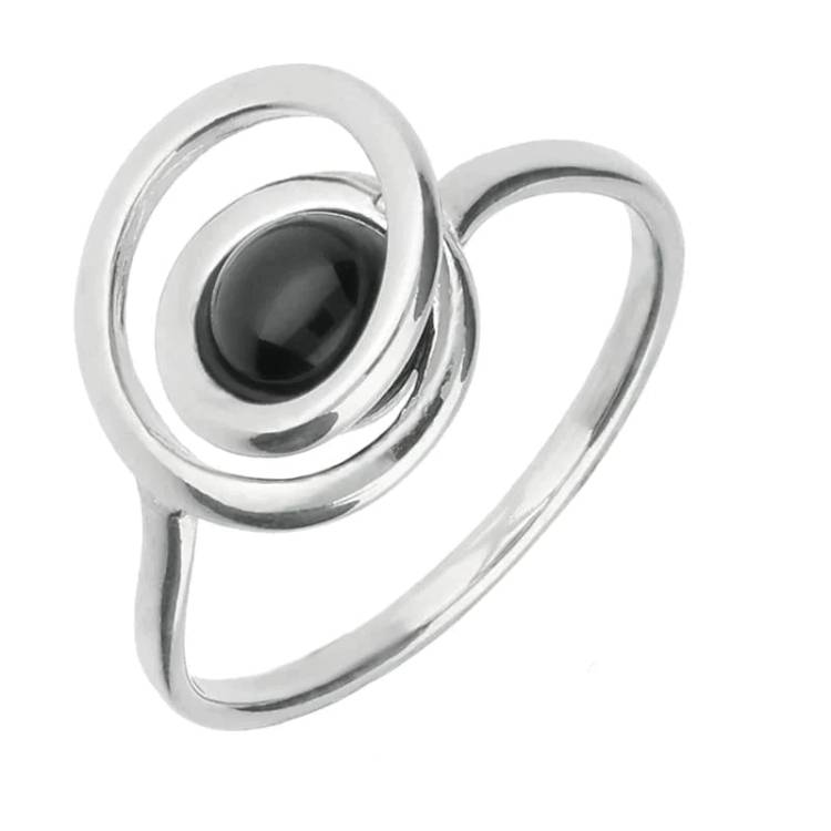 Sterling Silver Whitby Jet Round Swirl Ring - Silver