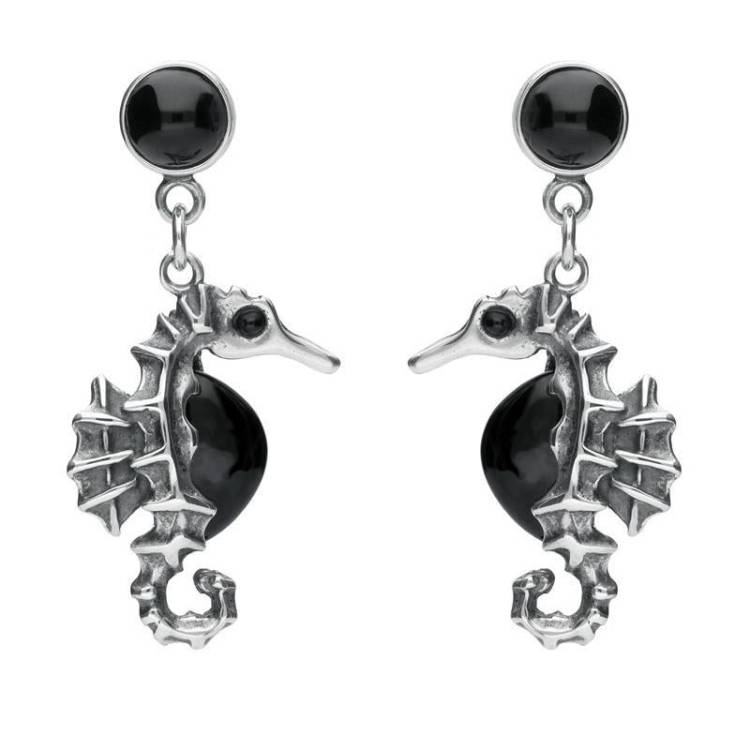 Sterling Silver Whitby Jet Seahorse Drop Earrings - Silver