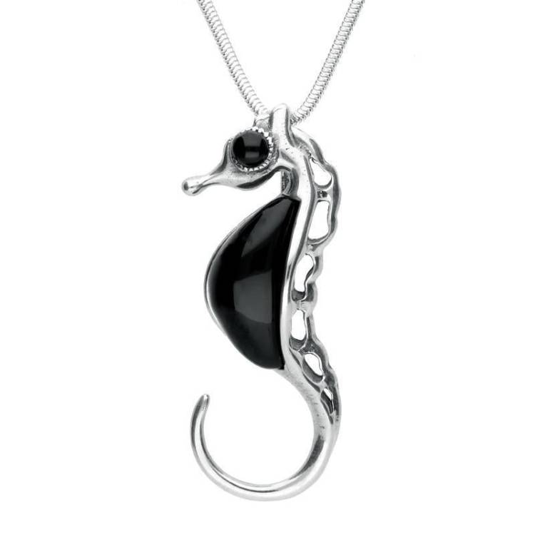 Sterling Silver Whitby Jet Seahorse Necklace - Silver