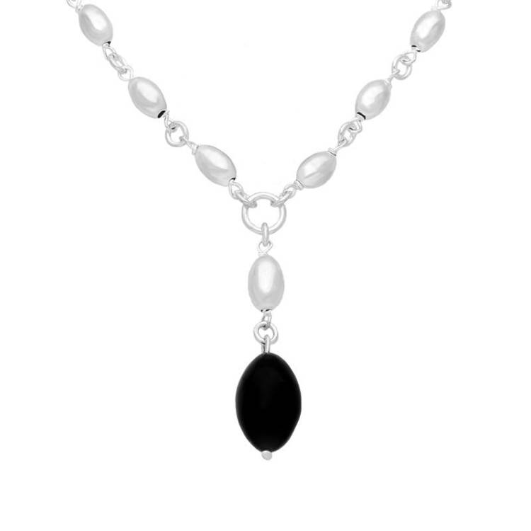 Sterling Silver Whitby Jet Seven Bead Chain Necklace D - Silver