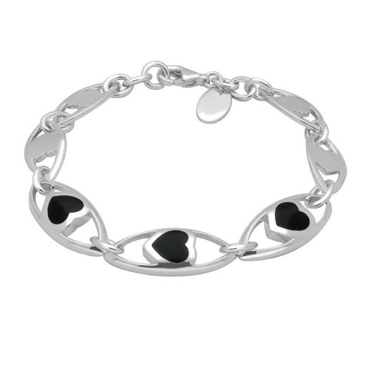 Sterling Silver Whitby Jet Seven Link Heart Bracelet - Option1 Value Silver