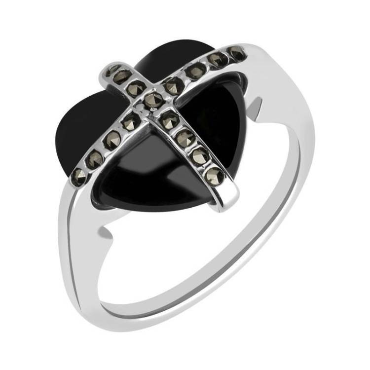 Sterling Silver Whitby Jet Seveteen Stone Marcasite Small Cross Heart Ring - Silver