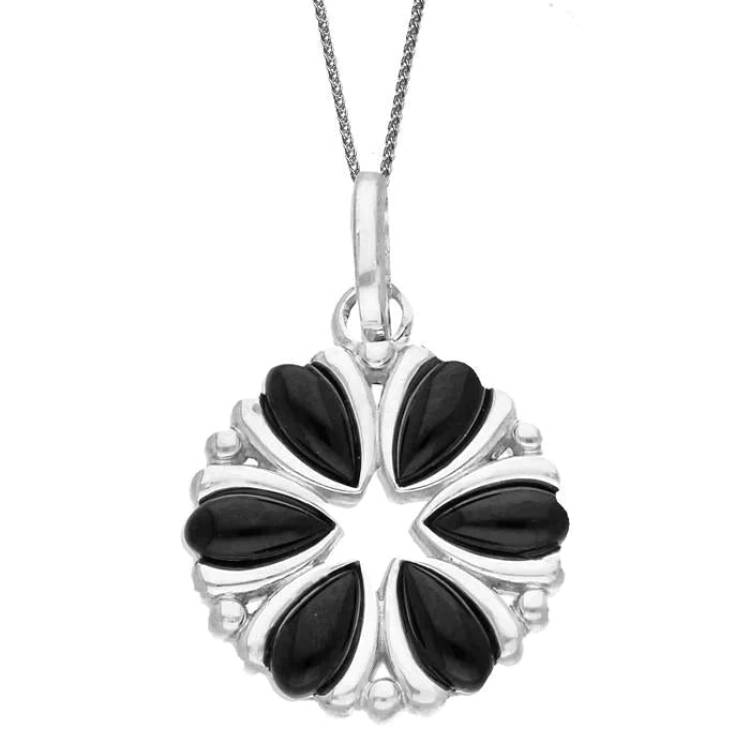 Sterling Silver Whitby Jet Six Stone Flower Necklace - Silver