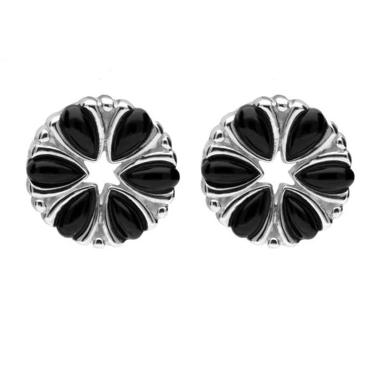 Sterling Silver Whitby Jet Six Stone Flower Stud Earrings - Silver