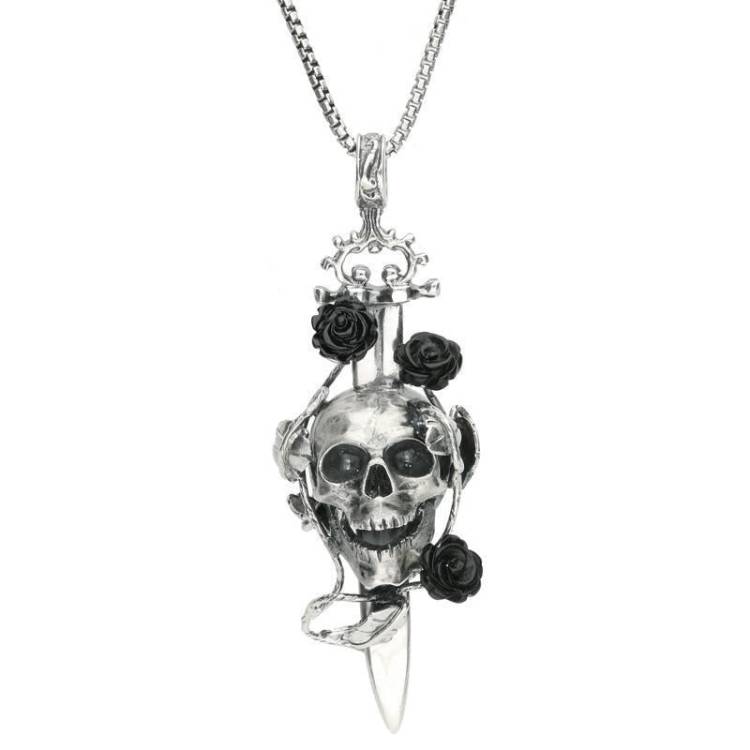 Sterling Silver Whitby Jet Skull Dagger Rose Necklace - Silver