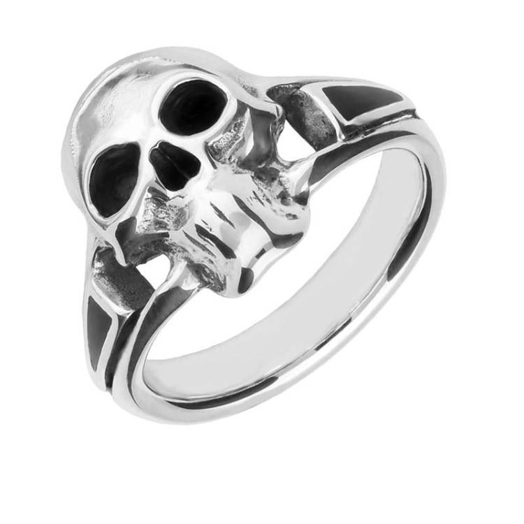 Sterling Silver Whitby Jet Skull Triangle Shank Ring - Silver
