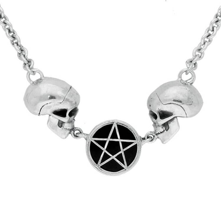 Sterling Silver Whitby Jet Skulls Pentagram In Circle Necklace