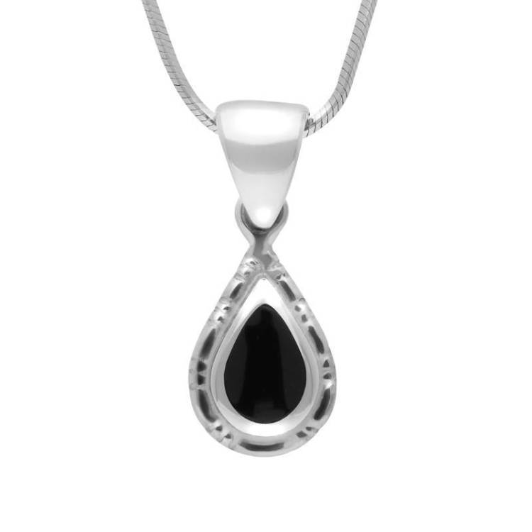Sterling Silver Whitby Jet Small Beaded Pear Necklace - Silver