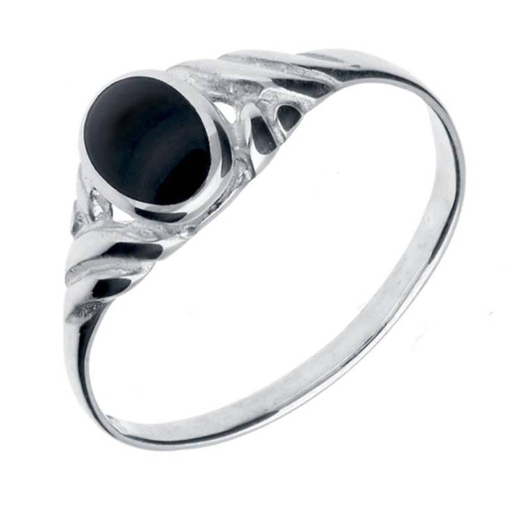 Sterling Silver Whitby Jet Small Carved Scroll Ring - Silver