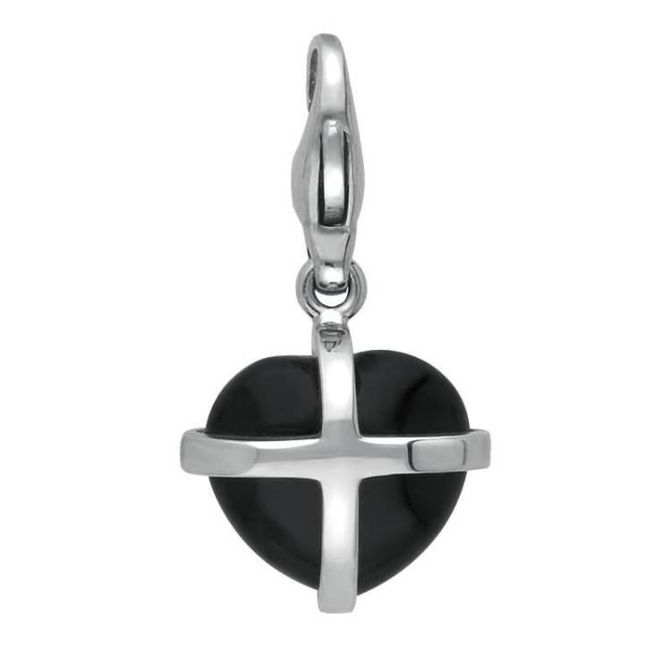 Sterling Silver Whitby Jet Small Cross Heart Charm - Silver