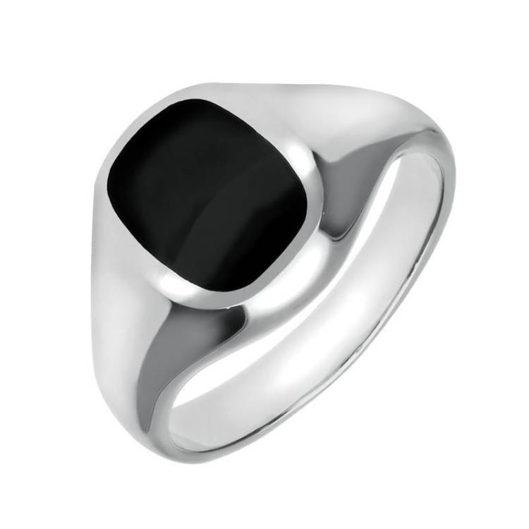 Sterling Silver Whitby Jet Small Cushion Signet Ring - Silver