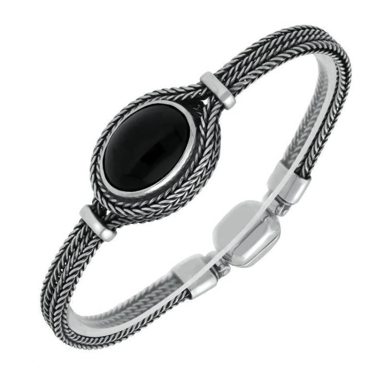 Sterling Silver Whitby Jet Small Oval Foxtail Bracelet - Silver