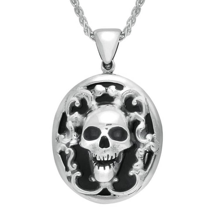 Sterling Silver Whitby Jet Small Oval Skull Necklace - Silver