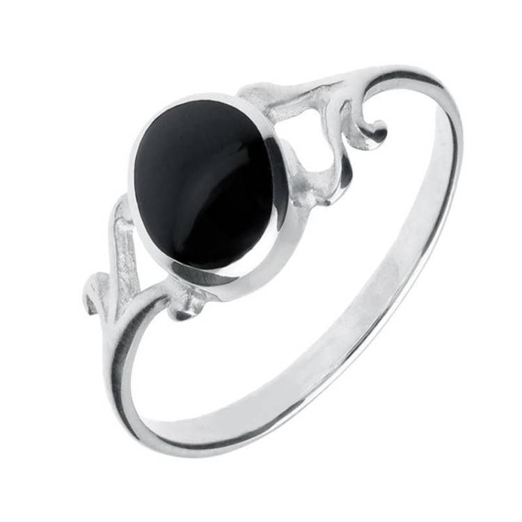 Sterling Silver Whitby Jet Small Scroll Ring