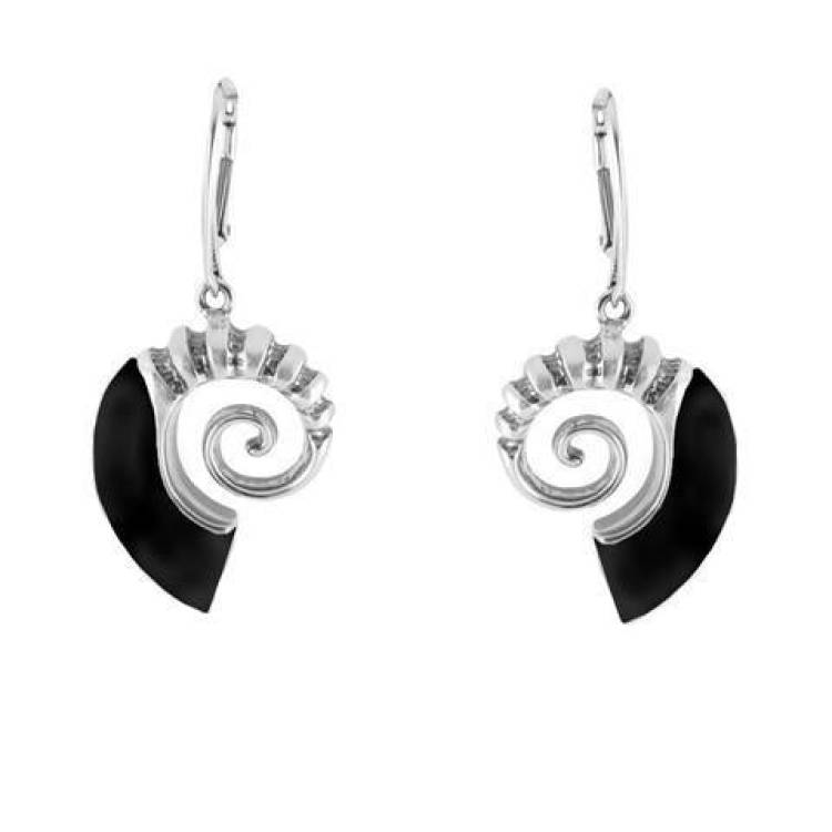 Sterling Silver Whitby Jet Small Shell Drop Earrings - Silver