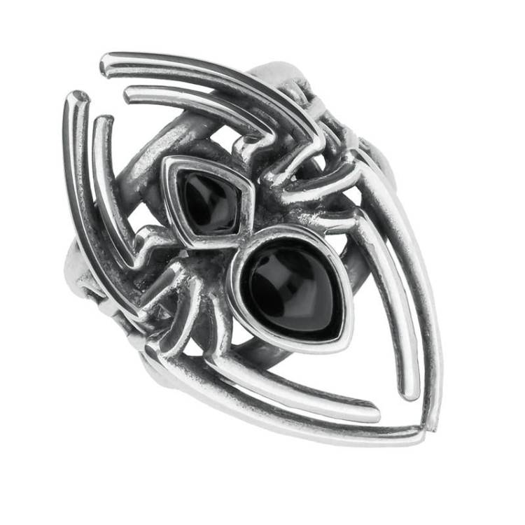 Sterling Silver Whitby Jet Small Spider Web Ring - Silver