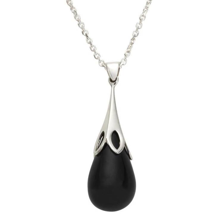 Sterling Silver Whitby Jet Small Tulip Necklace - Silver