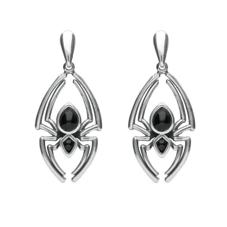 Sterling Silver Whitby Jet Spider Drop Earrings - Silver
