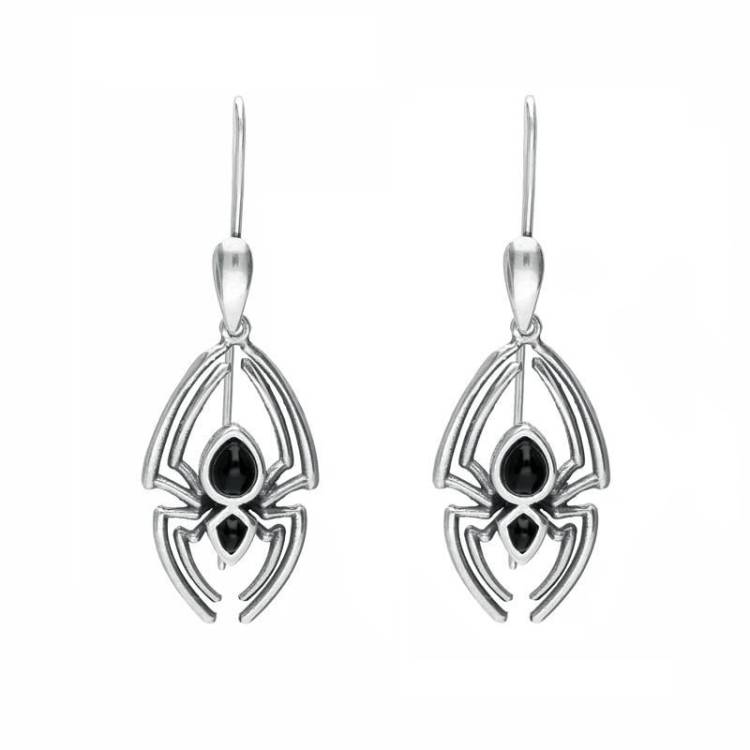 Sterling Silver Whitby Jet Spider Hook Drop Earrings - Silver