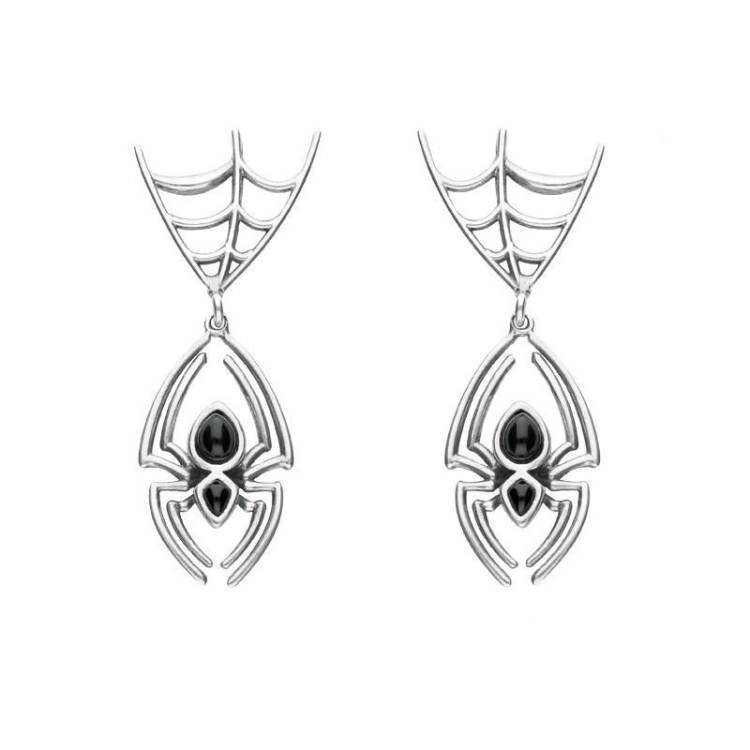 Sterling Silver Whitby Jet Spider Web Top Earrings - Silver