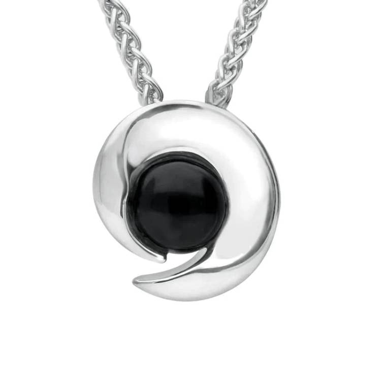Sterling Silver Whitby Jet Spiral Flower Necklace - Silver