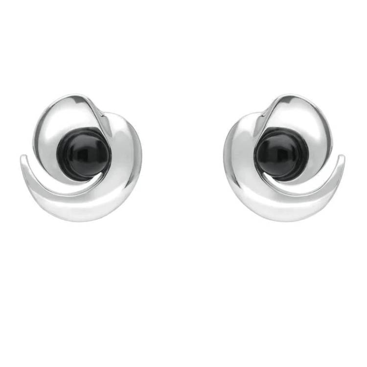 Sterling Silver Whitby Jet Spiral Stud Earrings - Silver