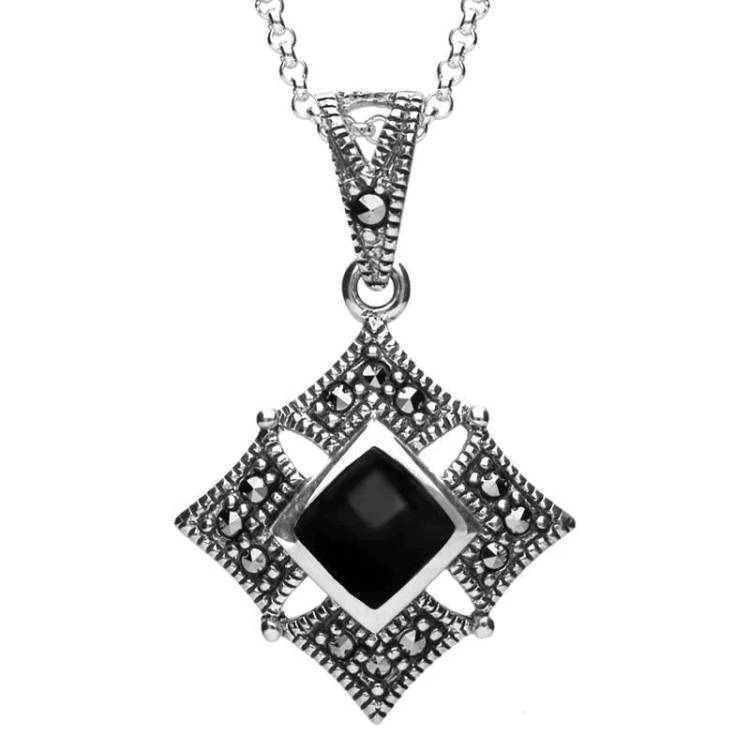 Sterling Silver Whitby Jet Square Marcasite Necklace - Silver