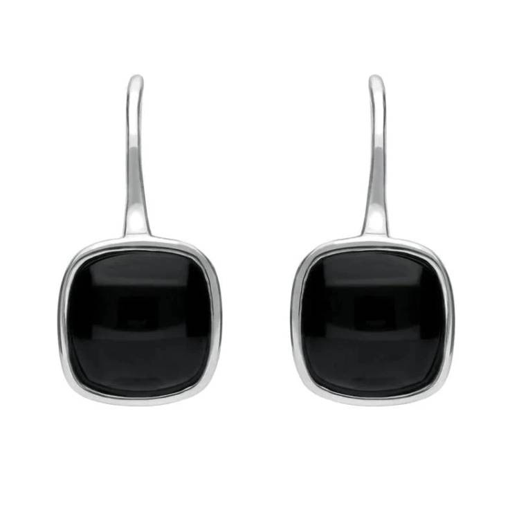 Sterling Silver Whitby Jet Stone Cushion Drop Earrings - Silver