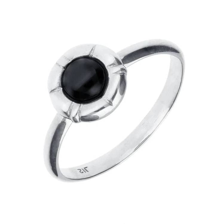 Sterling Silver Whitby Jet Stone In Ridged Circle Ring - Silver