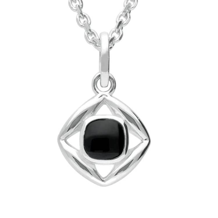 Sterling Silver Whitby Jet Stone Open Square Necklace - Silver