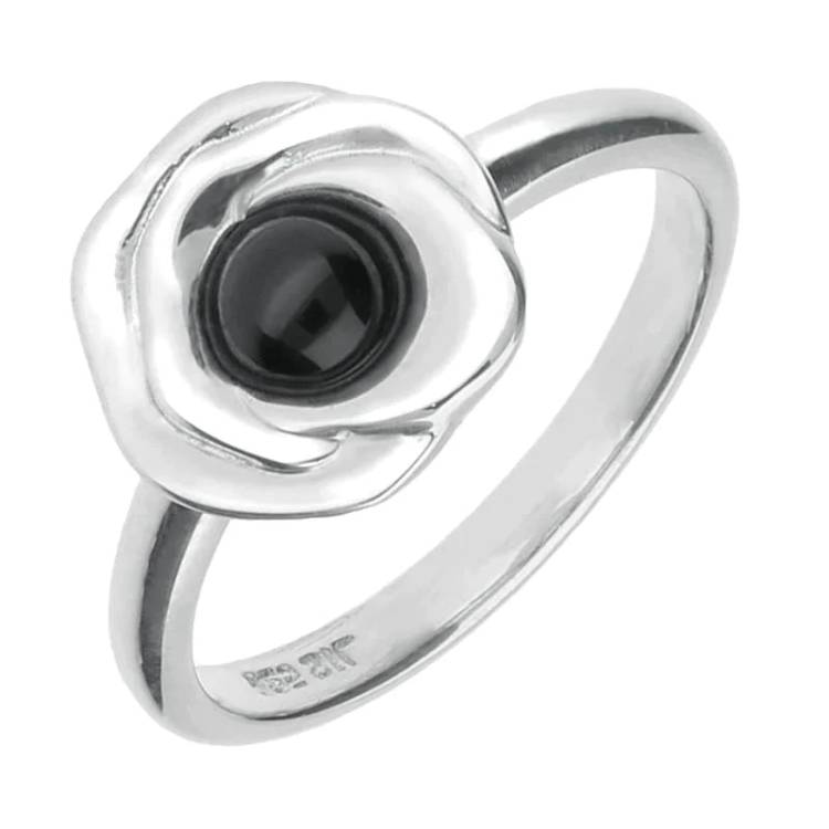 Sterling Silver Whitby Jet Stone Rose Ring - Silver