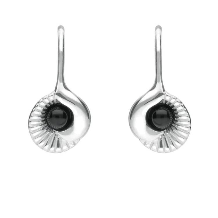 Sterling Silver Whitby Jet Stone Seashell Drop Earrings - Silver
