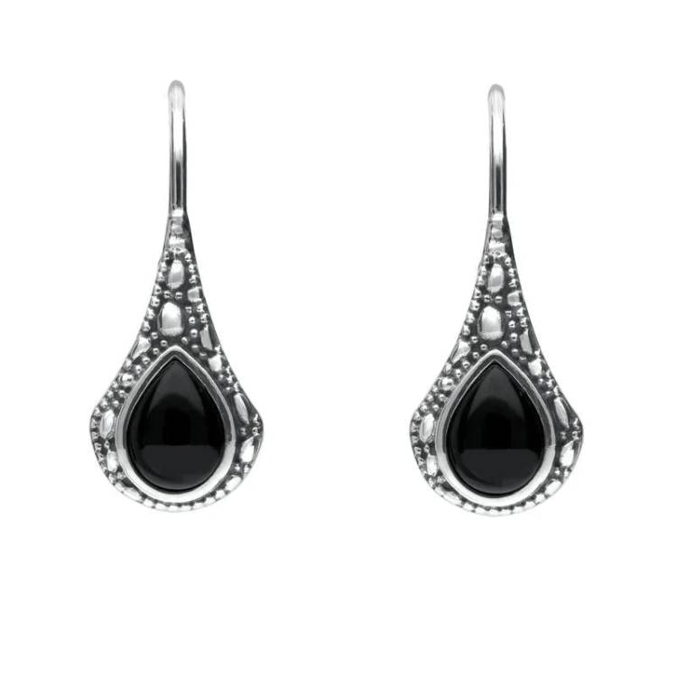 Sterling Silver Whitby Jet Stone Teardrop Oxidised Drop Earrings - Silver