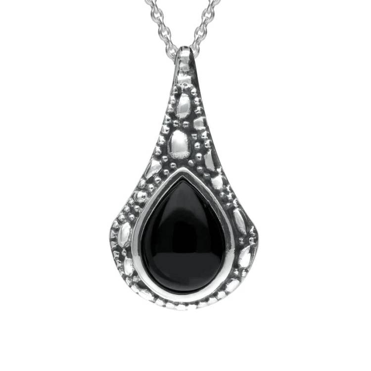 Sterling Silver Whitby Jet Stone Teardrop Oxidised Necklace - Silver