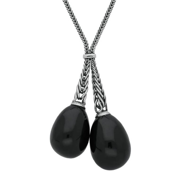 Sterling Silver Whitby Jet Tapered Double Dropper Necklace D - Silver