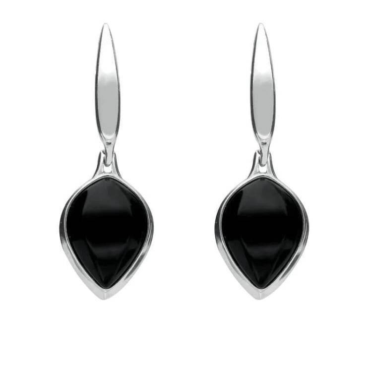 Sterling Silver Whitby Jet Tear Drop Earrings - Silver