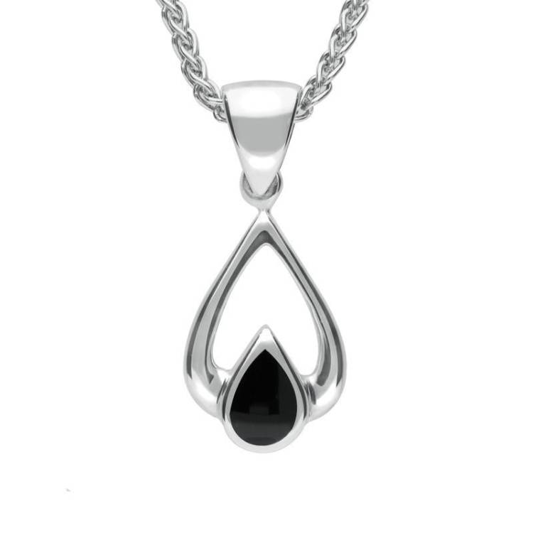 Sterling Silver Whitby Jet Tear Drop Necklace - Silver