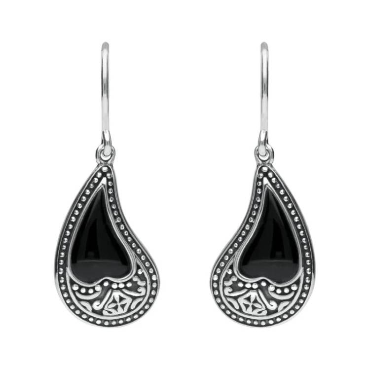 Sterling Silver Whitby Jet Tear Shape Oxidised Drop Earrings - Silver
