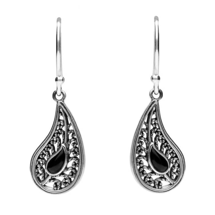 Sterling Silver Whitby Jet Teardrop Oxidised Drop Earrings - Silver