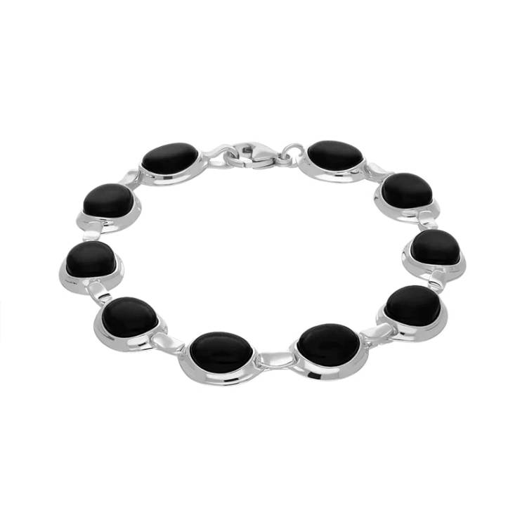 Sterling Silver Whitby Jet Ten Stone Oval Link Bracelet - Silver
