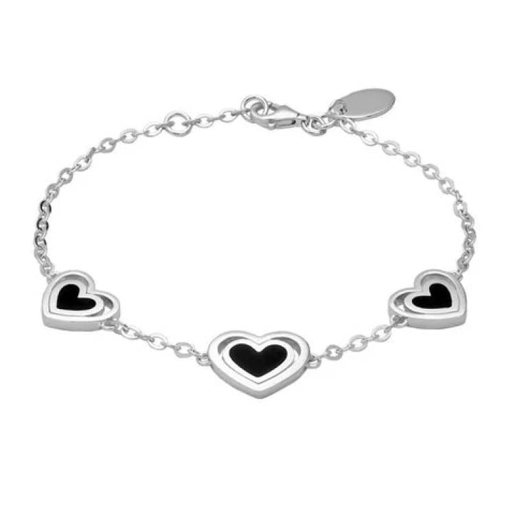 Sterling Silver Whitby Jet Three Stone Heart In Heart Bracelet - Option1 Value Silver
