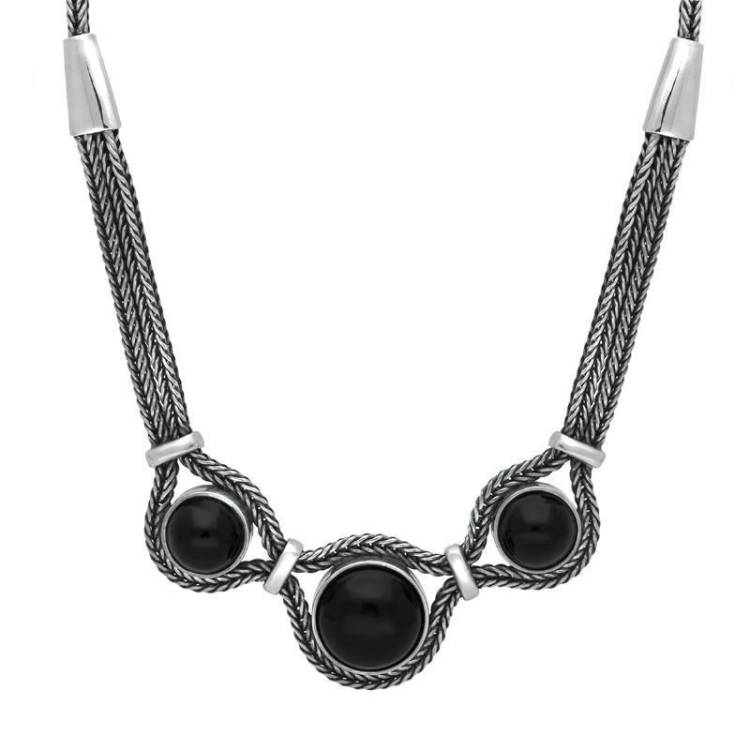 Sterling Silver Whitby Jet Three Stone Foxtail Necklace - Silver