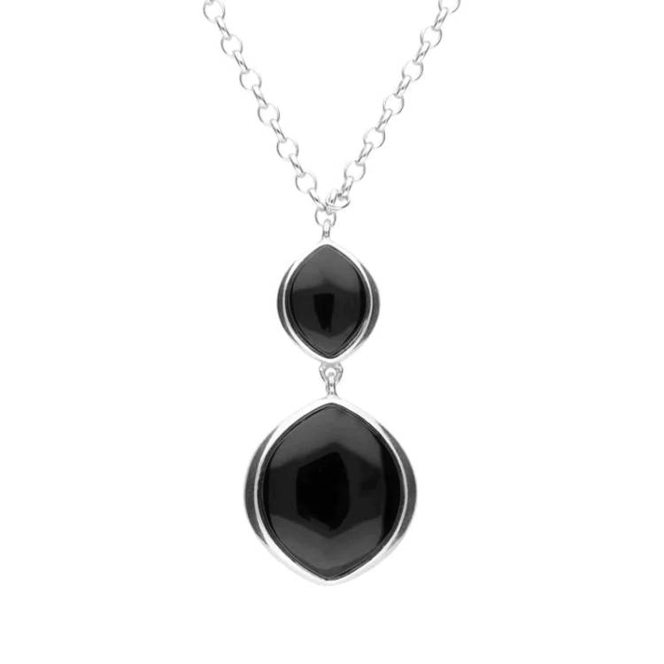 Sterling Silver Whitby Jet Three Stone Wide Marquise Drop Necklace - Silver